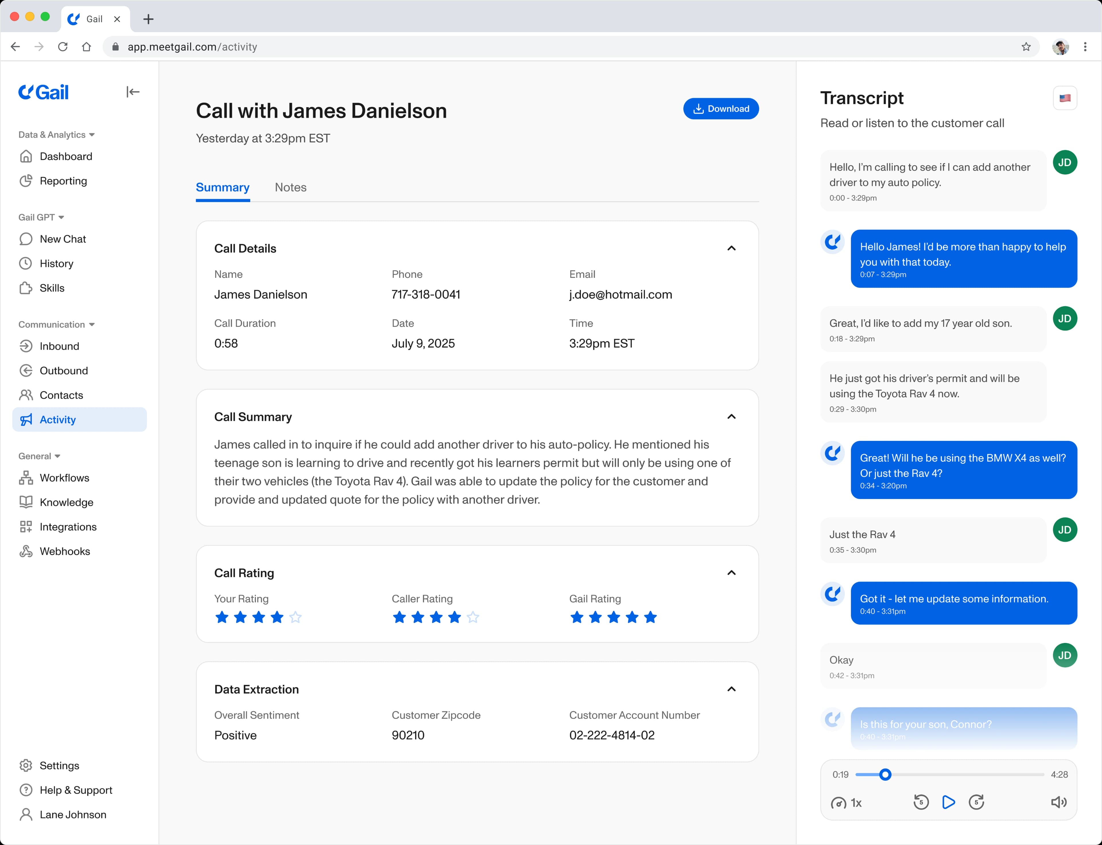 Gail activity dashboard showing a call summary, ratings, and transcript with James Danielson