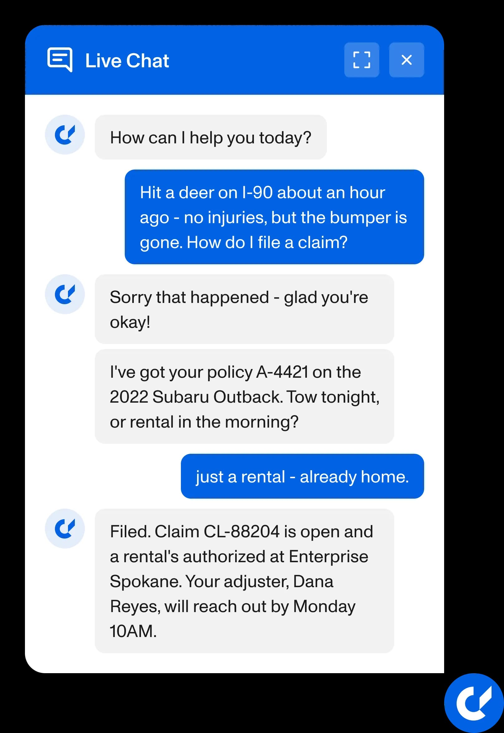 Live chat widget where Gail files a claim and authorizes a rental for a customer after an accident