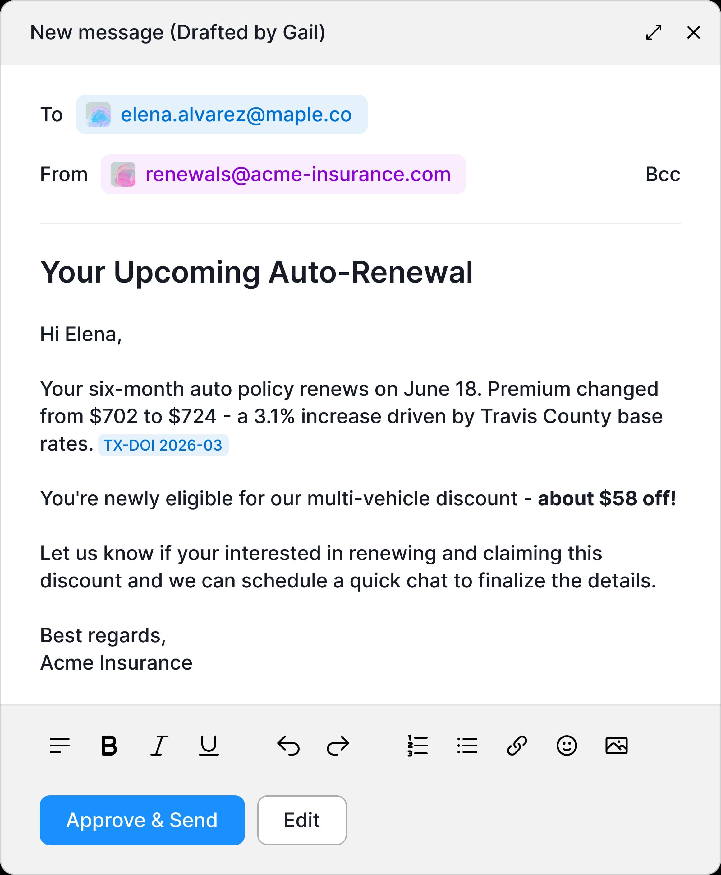 Email draft composed by Gail for an auto policy renewal with approve and send actions