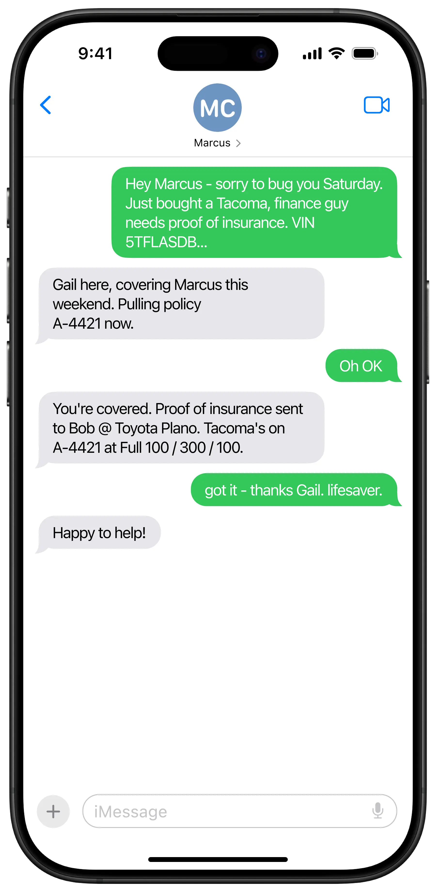SMS conversation showing Gail resolving a proof-of-insurance request for a customer buying a Tacoma