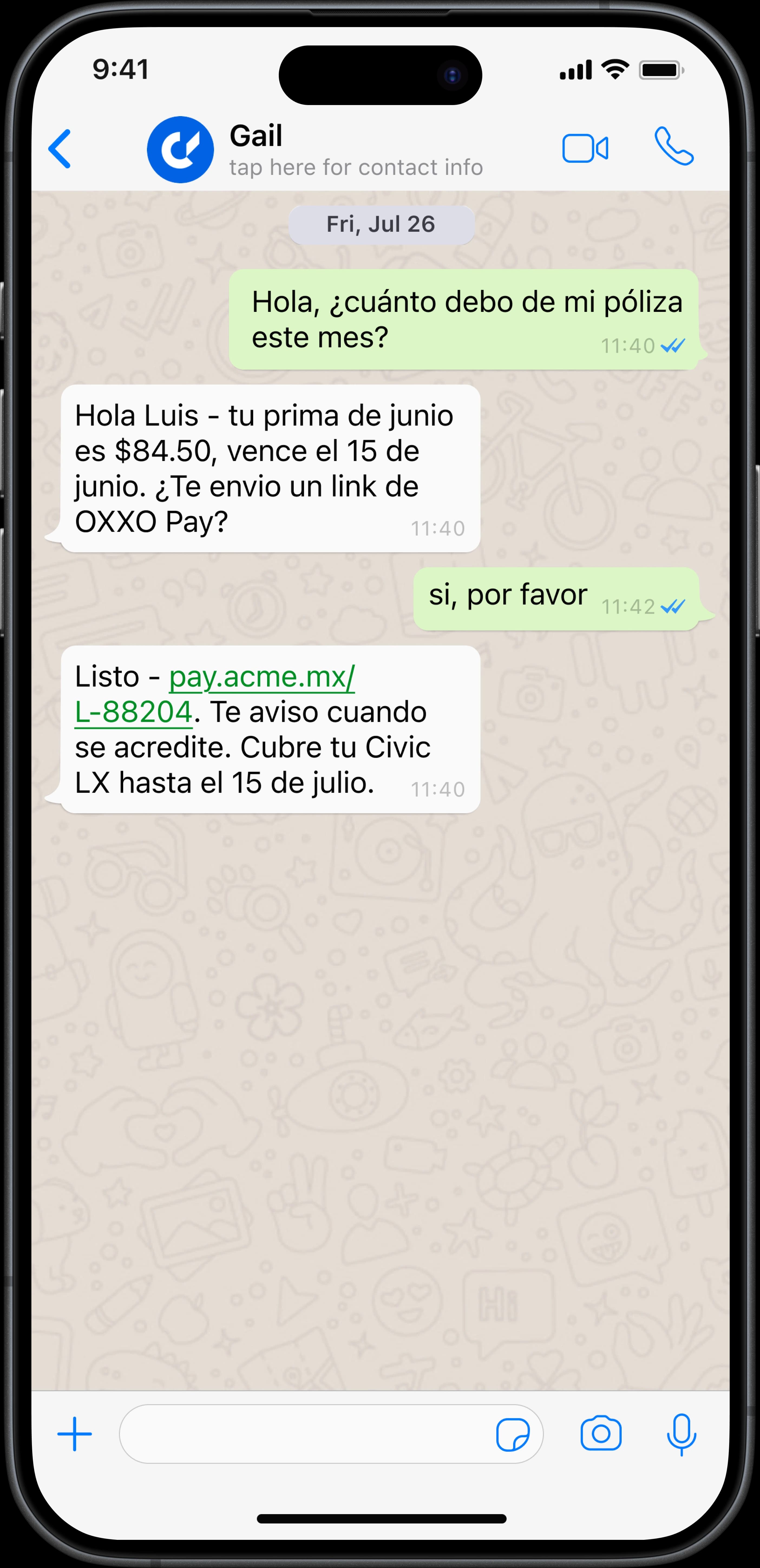 WhatsApp conversation where Gail sends a payment link in Spanish