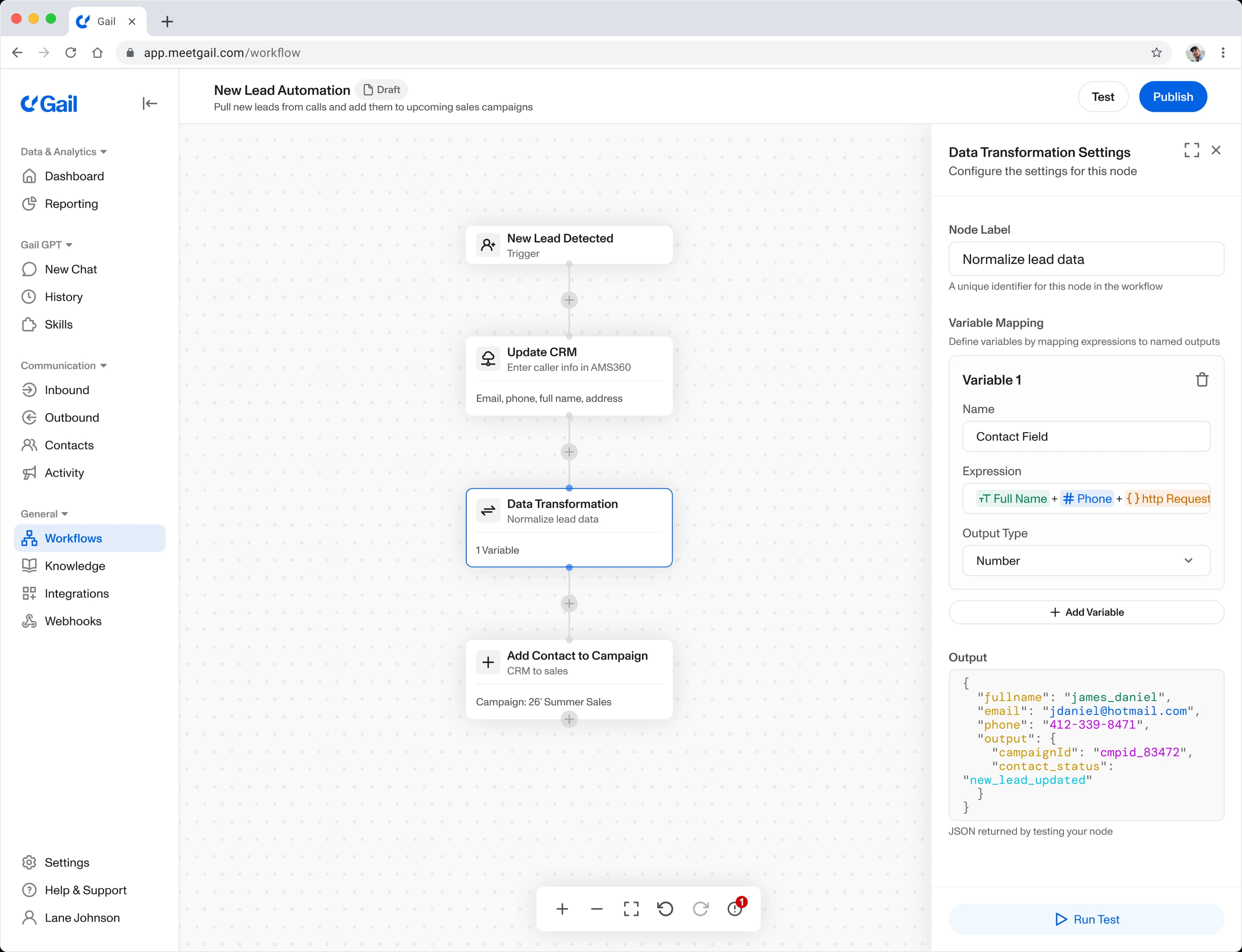 Gail workflow builder automating a new lead from CRM update through campaign enrollment